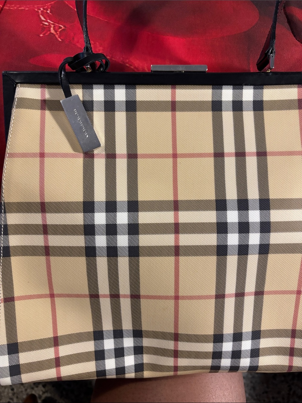 Burberry Beige Plaid Tote with Black Trim